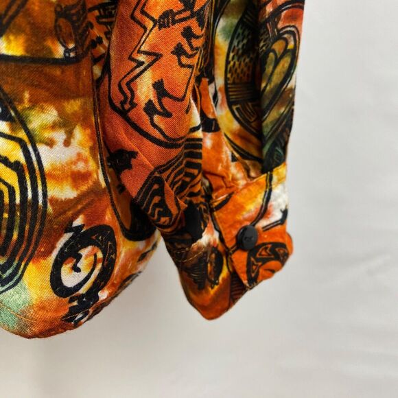 Vintage 90s Y2K Woman Blouse Medium Button Up Orange Boho Peasant Tribal Novelty - Picture 13 of 16